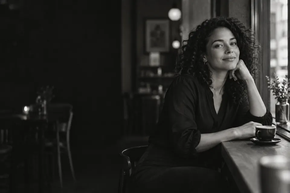 Black-and-white lifestyle photograph of a woman at a café, part of the statement’s promotional layout